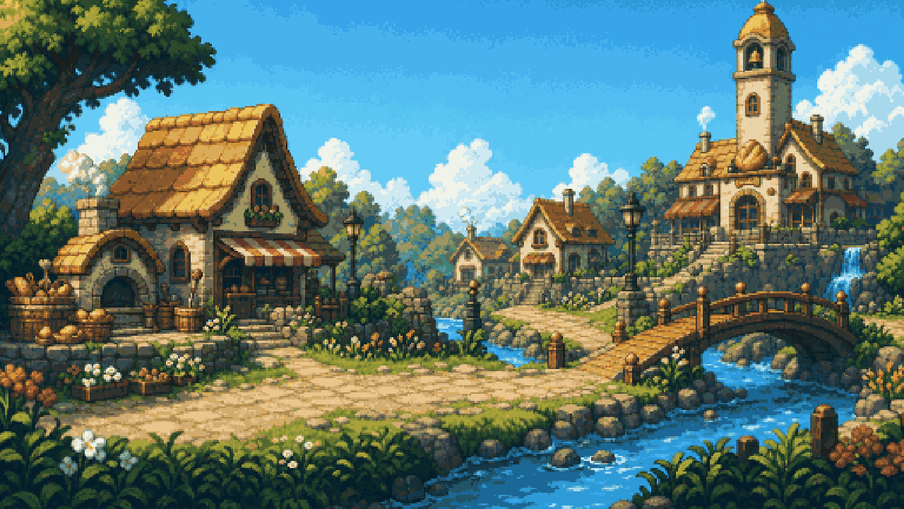 Pixel art village from Chonky Corgo in the morning, with a bakery, a bell tower, lamp posts and a wooden bridge over a stream