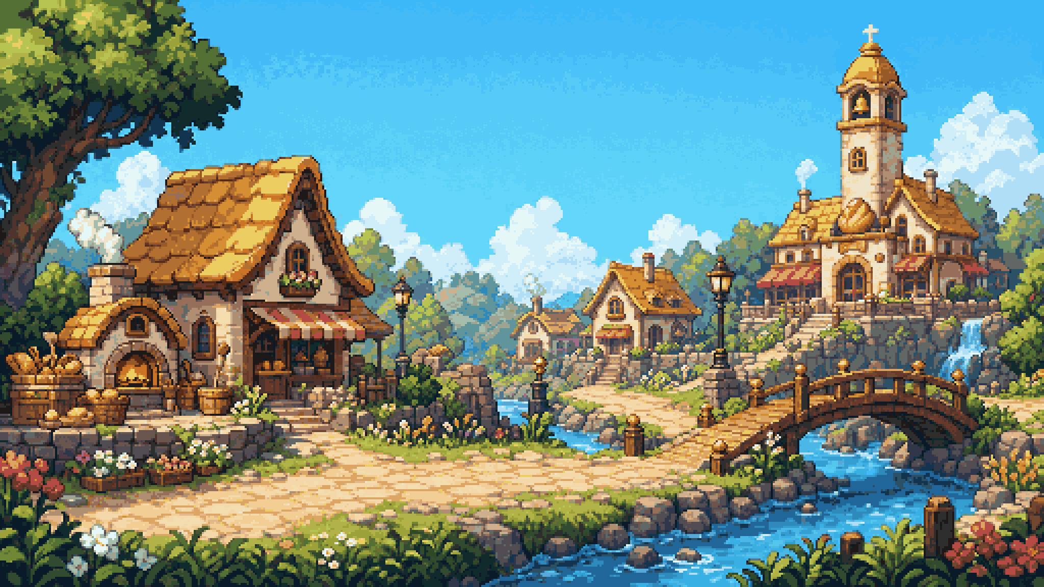 Pixel art panorama of the Chonky Corgo walking world, with a corgi walking a road that runs across rolling hills