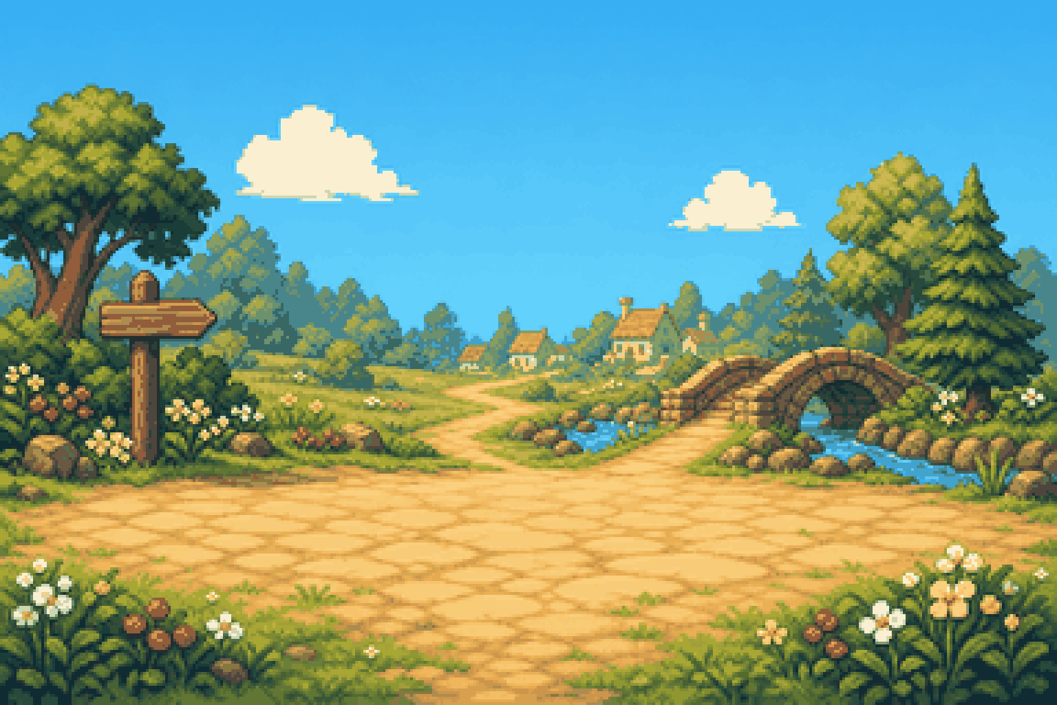 Pixel art crossroads from Chonky Corgo, with a wooden signpost, a dirt path that forks toward a village and a stone bridge over a stream