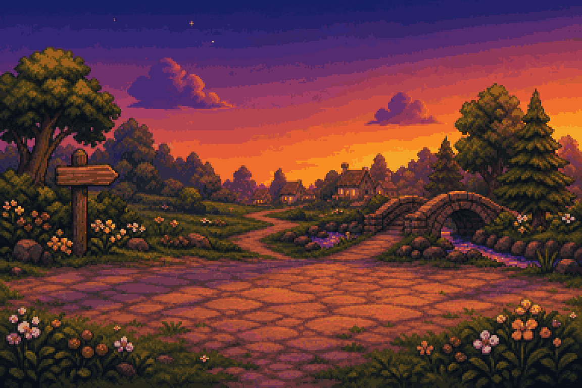 Pixel art trail from Chonky Corgo at sunset, with a wooden signpost, a winding path toward a village and a stone bridge