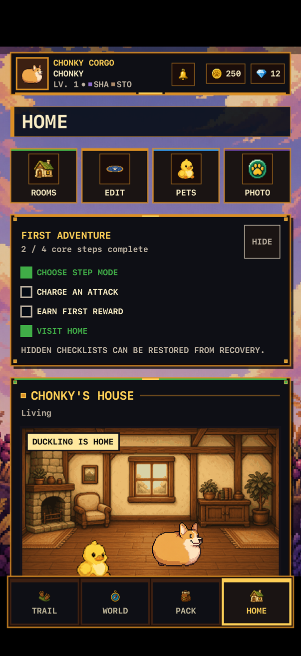 The Home tab showing Chonky's living room with a duckling