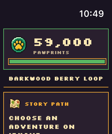 Chonky on Apple Watch showing pawprints and the story path